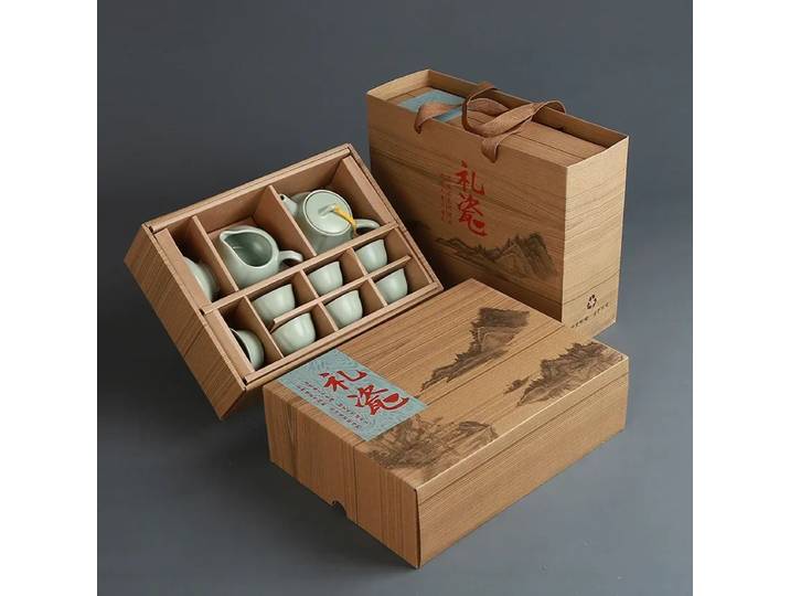 Service à thé en céramique, cadeau d'affaires créatif, service à thé, four Geyao Ru, un Pot de Six tasses de thé avec boîte cadeau à main, service à thé japonais