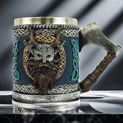 Wikinger Bierkrug, Oktoberfest Geschenkbecher Mittelalter Streitaxt Bierkrug, nordische Piraten Kaffeetasse, Wikinger Krieger Krug, rustikaler nordischer Bierkrug
