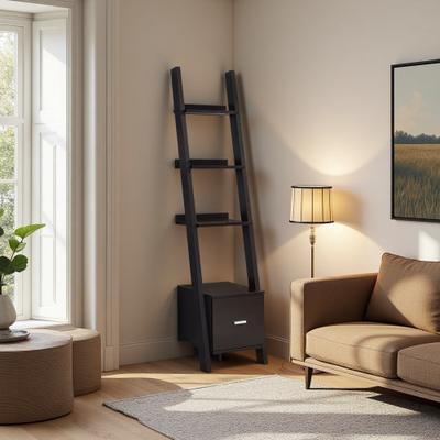 ZWYO HOSIMU 69in Laminate 3-Shelf Corner Ladder Etagere with Drawer, Display Rack with Staggered Shelves & Anti-Tip Hardware