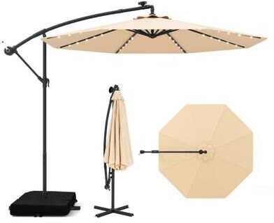 Costway 10 Feet Cantilever Umbrella with 32 LED Lights and Solar Panel Batteries-Beige
