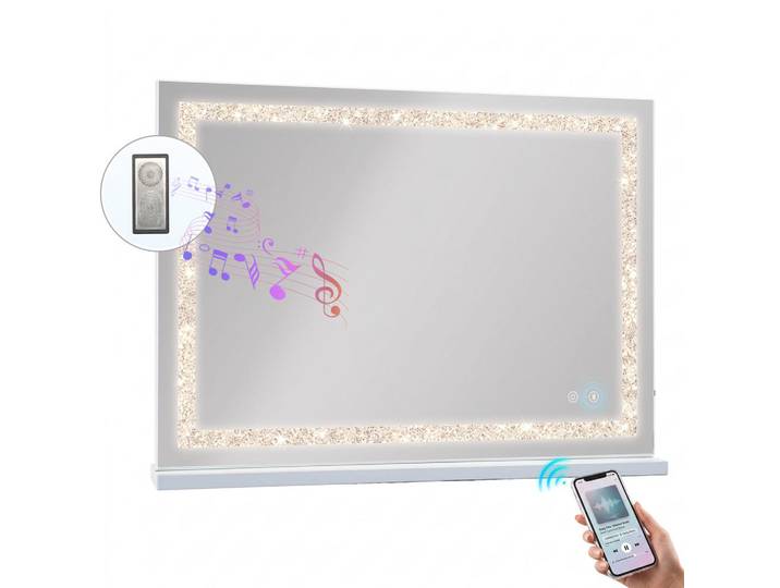 Vanitii Schminkspiegel mit Beleuchtung LED Lichtleiste gestreute Diamanten und Bluetooth weiß 80/58 cm, Weiß, Metall, Mode, Rechteckig, 80x58x3 cm, Spiegel, Schminkspiegel