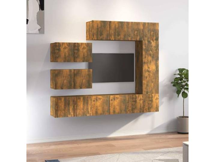 HEFZGDB 8-TLG. TV-Schrank-Set Räuchereiche Holzwerkstoff mit Wandmontage und reichlich Stauraum für Wohnzimmer