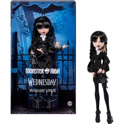 Monster High x Wednesday Sammelpuppe, Wednesday Addams mit schwarzem Kleid und Eiskaltem Händchen