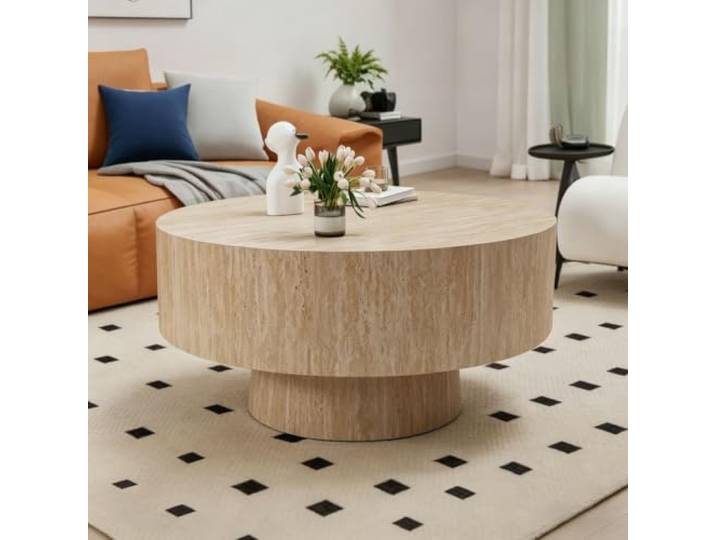 WUPDPQS 30 Zoll Rund Couchtisch Travertin für Wohnzimmer Runder Couchtisch aus Travertinfurnier, Moderner Mitte Jahrhunderts Runde Stein Wohnzimmertisch für kleine Räume