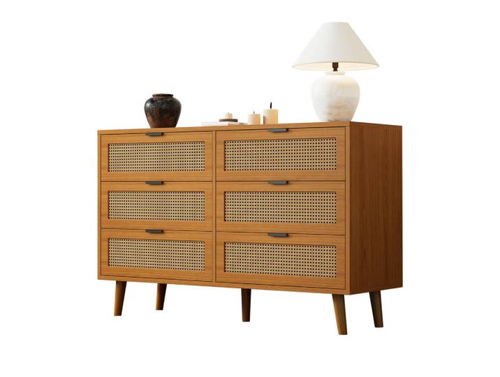 Evryae Sideboard Kommode Rattan Retro Design 6 Schubladen Massivholzbeine Metallgriffe luxuriöses Plankenmaterial, Nussbaumfarben, Rechteckig, rund, 120x76.5x40 cm, Kleinmöbel, Kommoden, Sideboards