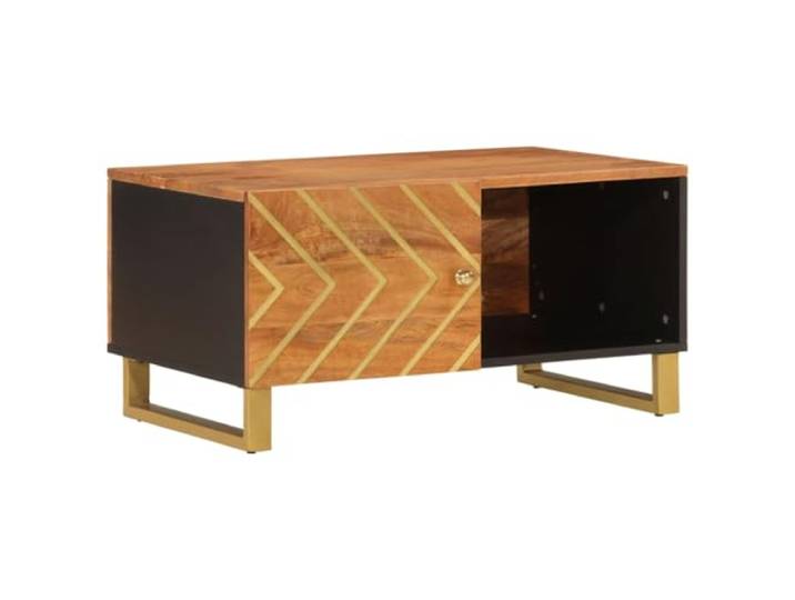 Couchtisch Braun Schwarz 80x50x40cm Massivholz Mango Massives Mangoholz, Eisenbeine, praktische Tür, starke Arbeitsplatte, Wohnzimmer, Aufbewahrung