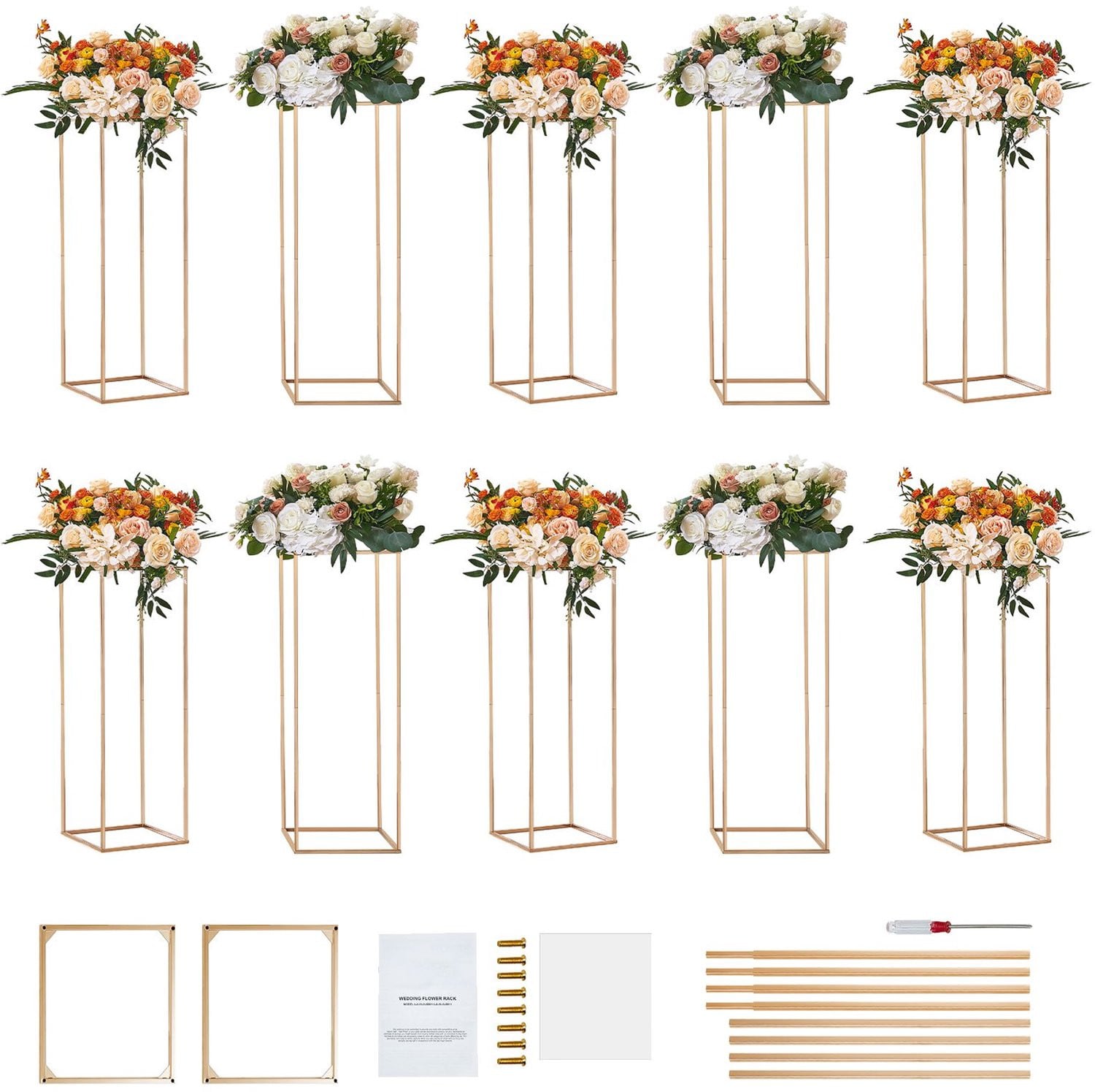 Set van 10 gouden geometrische bloemenstandaards van metaal en acryl, Hoogte: 80 cm
