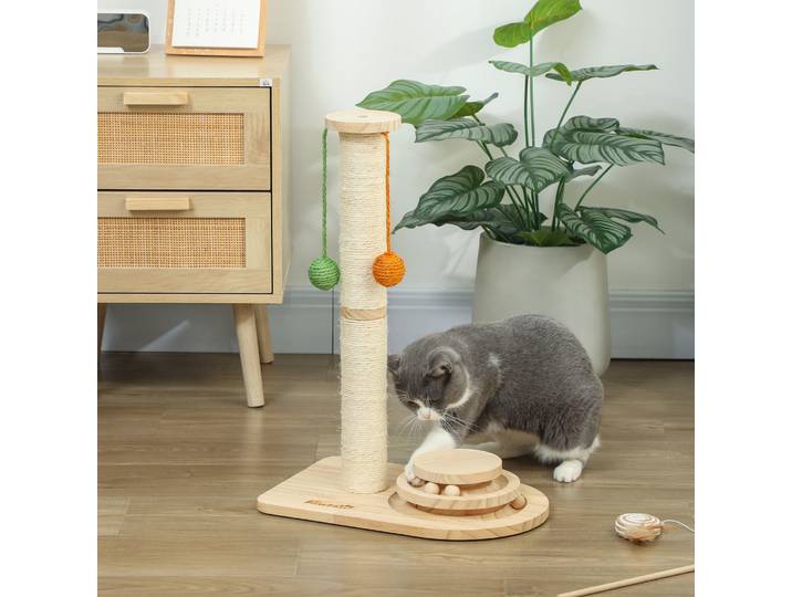 PawHut Griffoir Chat 56,5cm Bois Naturel avec Jouets
