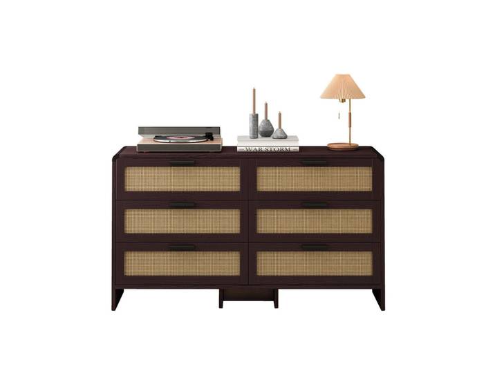 Modfu Kommode aus Holzwerkstoff 130x40x74 cm Rotbraun mit 6 Schubladen und Rattanfronten, abgerundete Ecken, Braun, 130x74x40 cm, Kleinmöbel, Kommoden, Kommoden