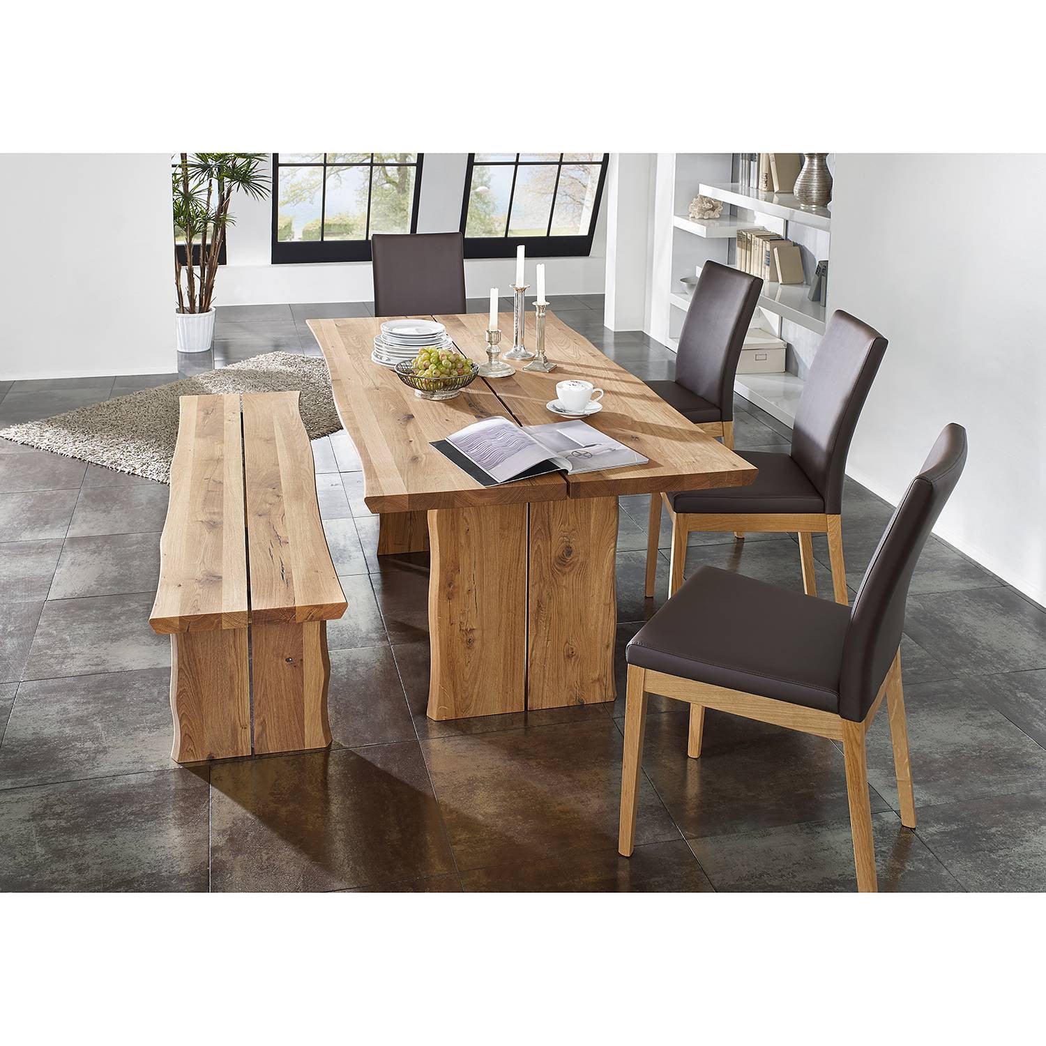 home24 Eettafel II van massief hout in bruin, rechthoekig met live edge, B: 140 cm, D: 90 cm