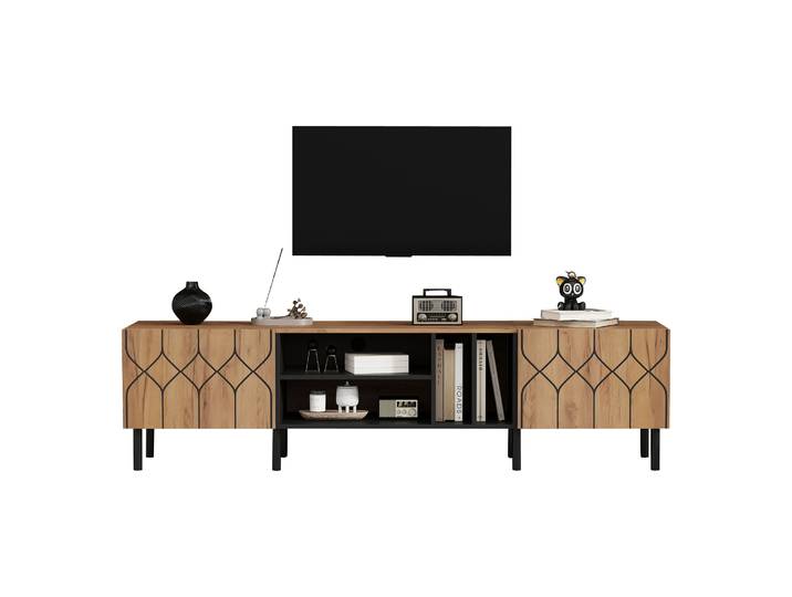 Meuble Tv De 180 Cm\,tv Lowboard Moderne Pour Le Salon\,180 X 40 X 50 Cm\,noir + Naturel