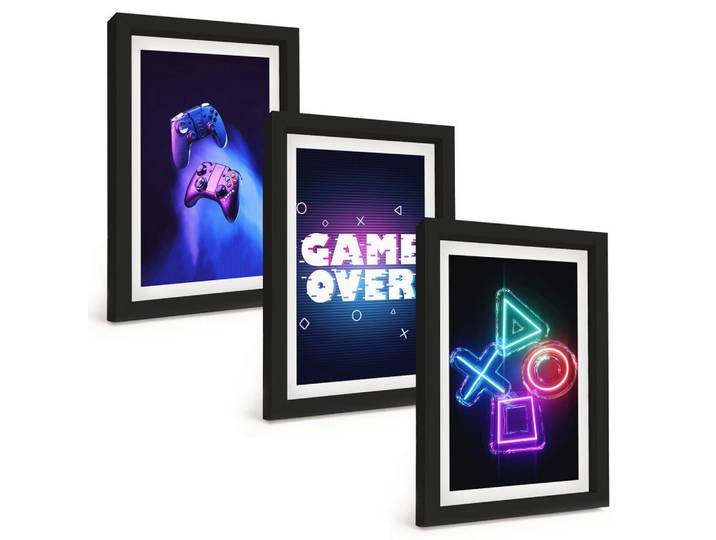 Tulup Bilder SET 3er Set - 20x30 cm Schwarzer Rahmen - Game Over Gamepads, Kunststoff, Rechteckig, 20x30 cm, Fotografie, Bilder & Rahmen, Bilder