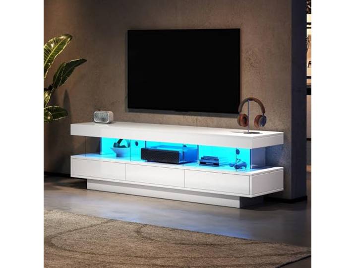 Merax TV-Schrank, Lowboard für Fernseher bis zu 70 Zoll, TV Board in Weißer Hochglanz mit LED-Beleuchtung, Moderner Fernsehtisch mit 3 Glasfächern, 3 Schubladen, TV-Möbel für Wohnzimmer, Esszimmer