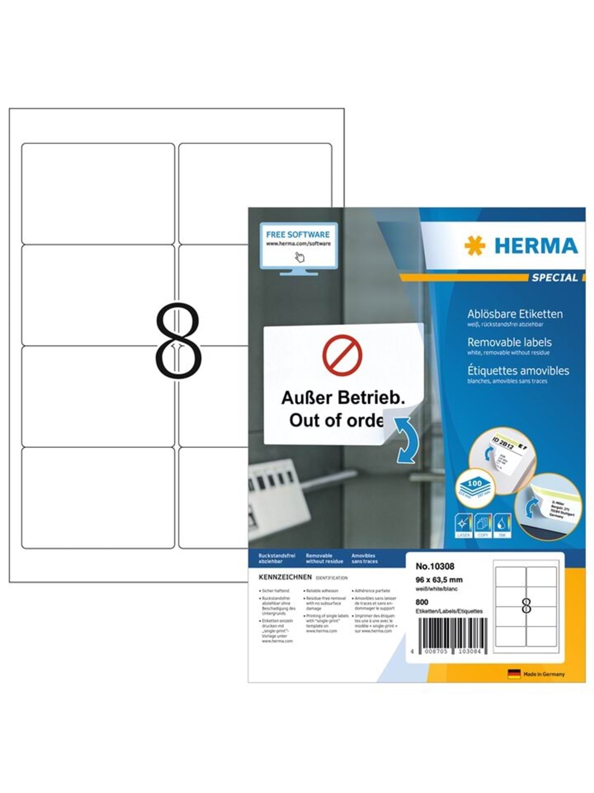 HERMA Ablösbare Etiketten A4, 96 x 63,5 mm, weiß