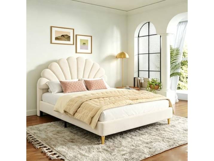 DULRLLY Kinderbett Polsterbett 140x200cm, Doppelbett Betten mit Lattenrost und Verstellbares Kopfteil in Blumenform,Mädchen Bett, Jugendbett Bettrahmen Bettgestell für Mädchen,Samt (Beige)