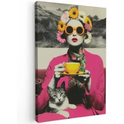 LEINWANDBILD Frau - Katze - Blumen - Tasse - Retro Wanddeko Schlafzimmer 60x90 cm