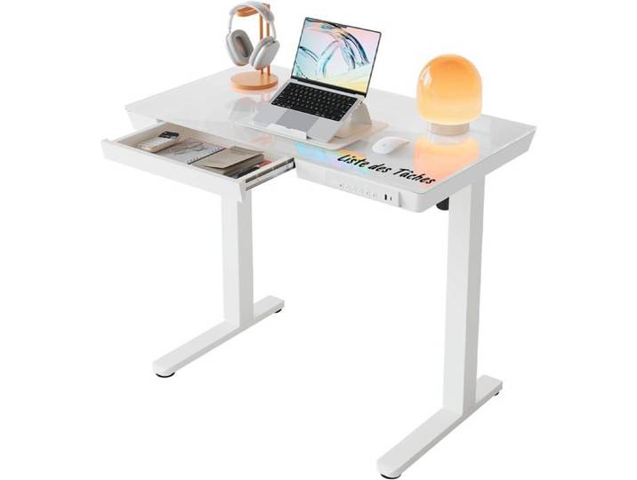 Bureau Assis Debout Électrique 88x50cm Verre Blanc avec Tiroir Plateau Verre ou Bois Recharge USB-A/C Tiroir à Glissière 3