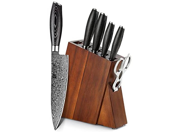 XINZUO 67 Schichten Damaststahl 7-teiliges Küchenmesser Messerblock Set Kochmesser Set 7er -10Cr15CoMoV Stahlkern Scharf Profi Chefmesser -Ergonomischer Pakkaholz Griff -mit Geschenkbox -Ya Serie