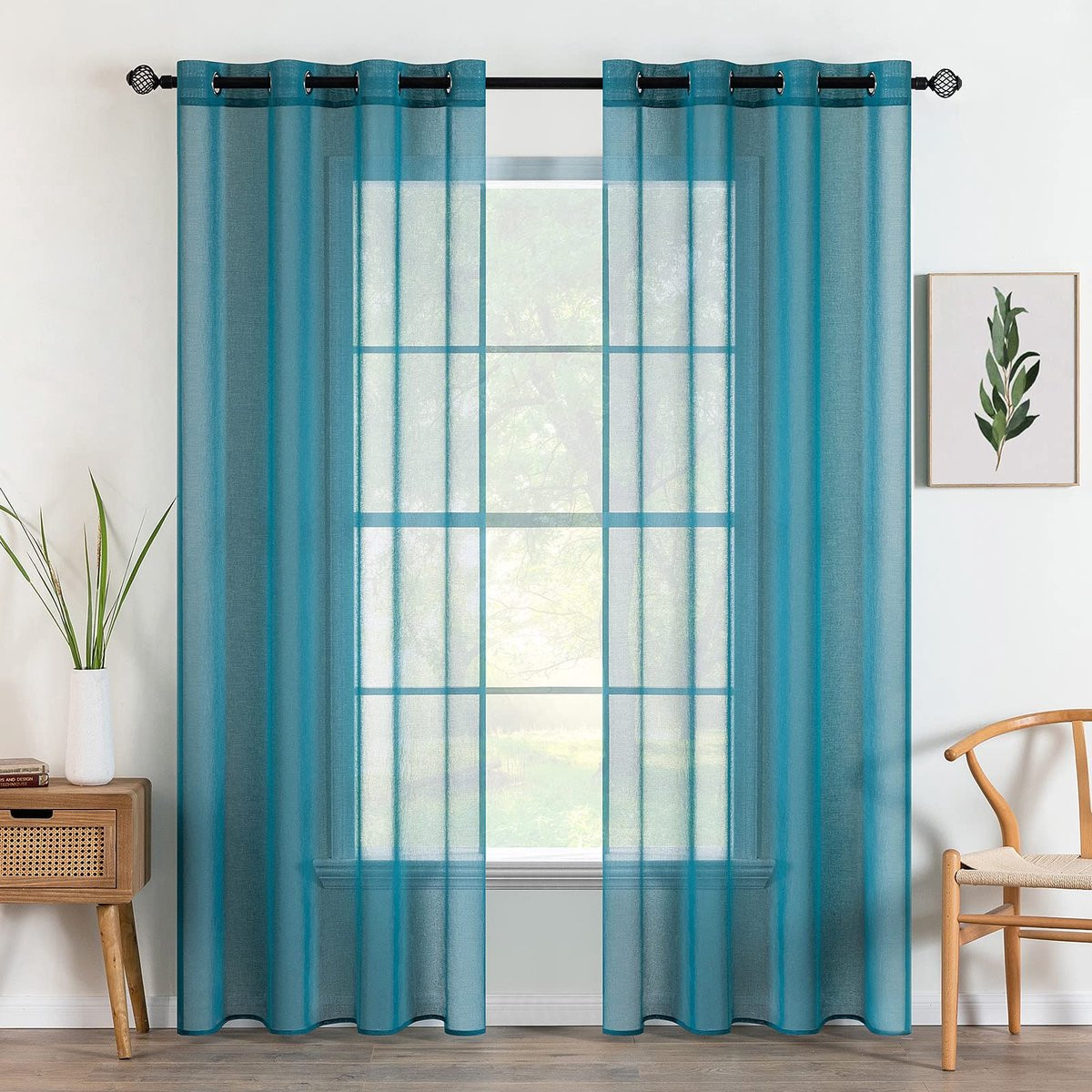 Ibenzoa Set van 2 Transparante Luchtige Voilegordijnen met Ingestanste Ringen, Blauw