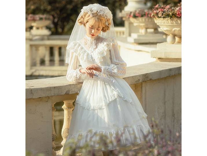 Robe de mariée princesse Palace d'été, jupe Lolita de mariage fleur, voile Harujuku Goth, blanc, noir, robes Kawaii, 03