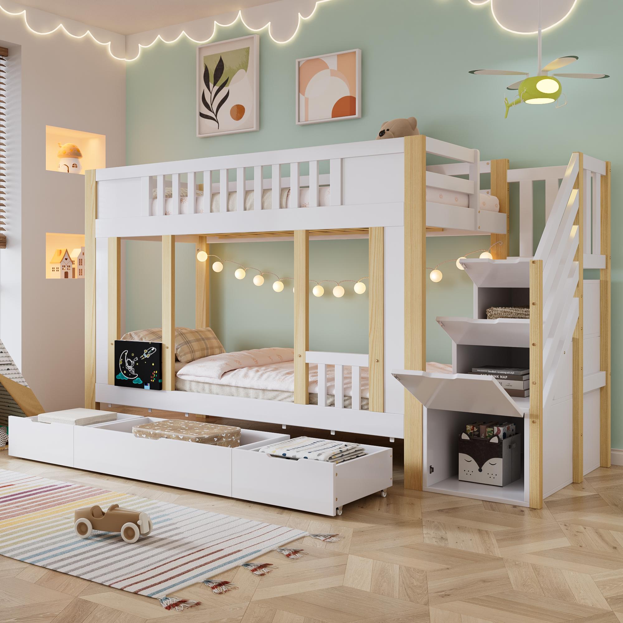 STILVORA Etagenbett 90x200 mit Schublade&Sicherheitsgeländer,Kinderbett Bettgestell mit Treppenschrank,Holzbett mit Lattenrost,Ohne Matratze,Weiß
