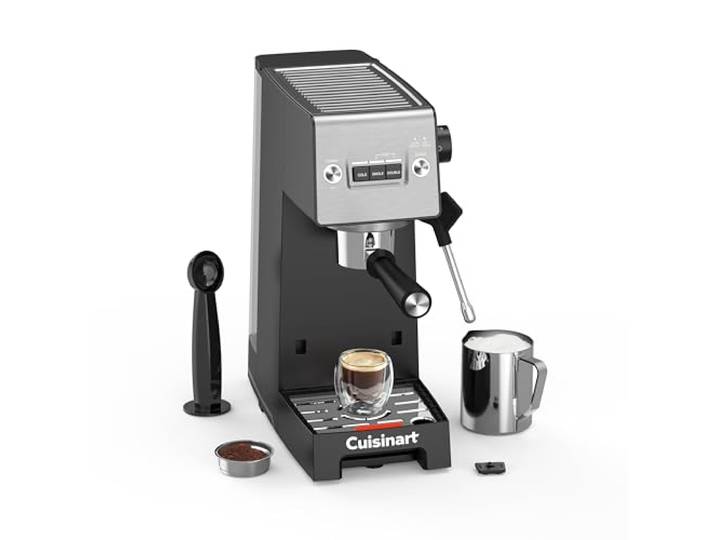 Cuisinart Slim Kaffeemaschine Espresso, Americano, Cold Brew Integrierter Milchaufschäumer 15 Bar Siebträger ohne Boden kompakt Reisebecher 1,5L Tank, Edelstahl Slim
