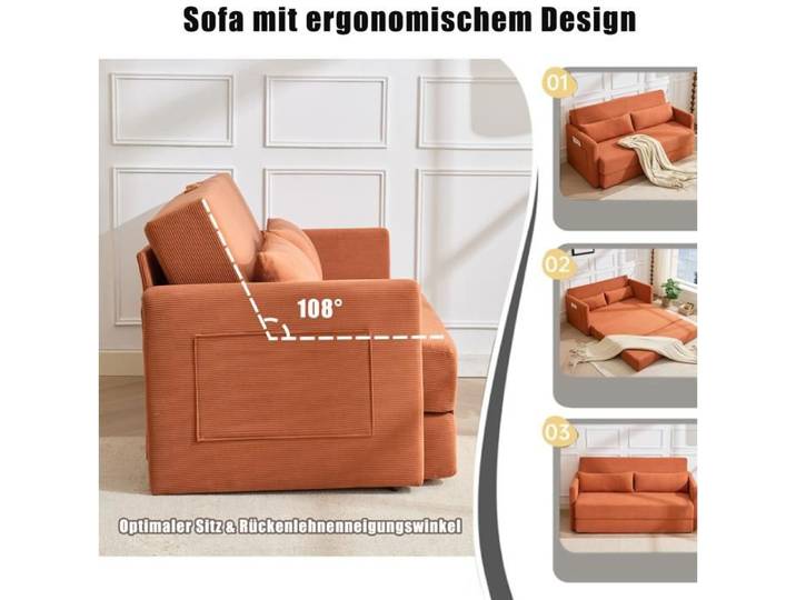 WUVRIE Canape convertible 2 places 2 en 1 en tissu cotele orange avec 2 coussins lombaires et poches laterales