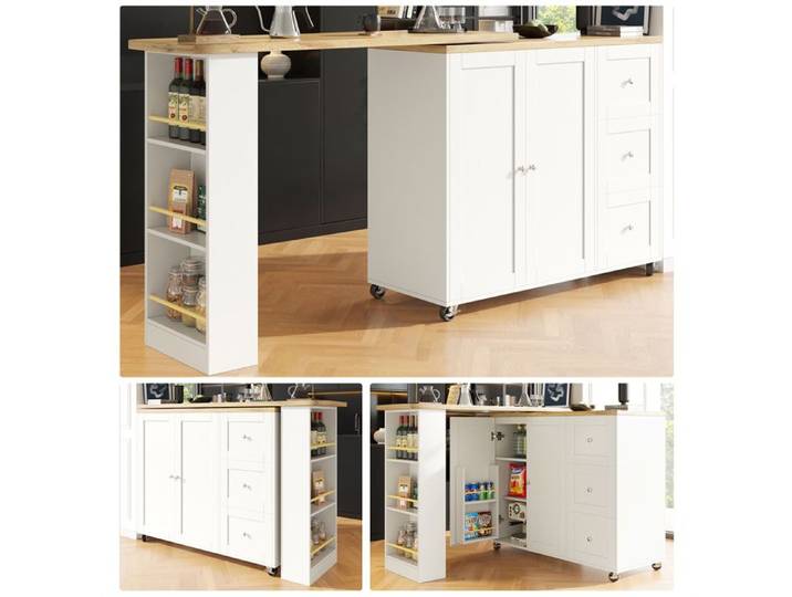Table de Bar Pivotante à 360° Ilot Central Cuisine avec Rangement et Plan de Travail 3 Tiroirs et étagère pour Salle à