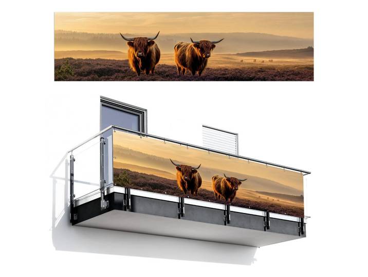 MuchoWow Balkon-Sichtschutz Schottische Hochlandbewohner - Heide - Landschaft - Tiere, Cognac, Kunststoff, Rechteckig, 300x75 cm, Sonnenschutz, Sichtschutz