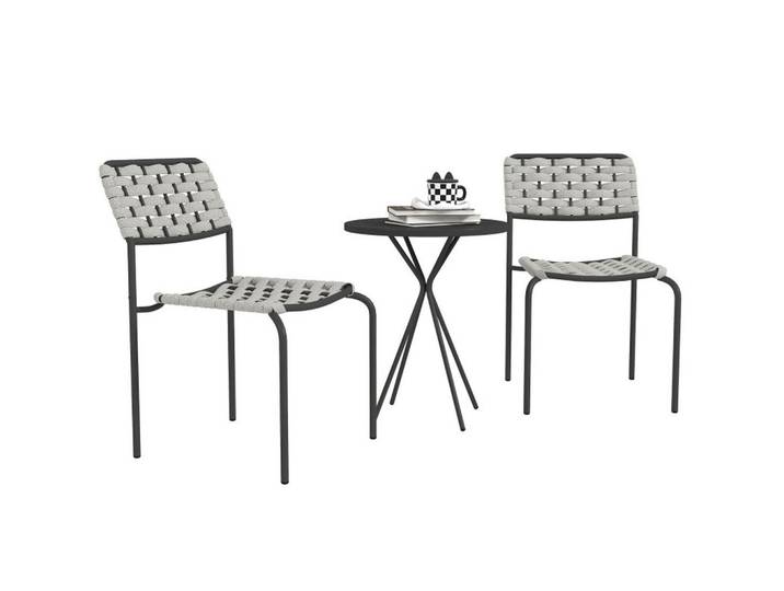 Modfu Balkonset 3-teilig,48×48×60cm,Stapelbare Stühle mit Rattan Tisch, Grau, Metall, Gartenmöbel, Gartengarnituren, Balkonmöbel-Sets