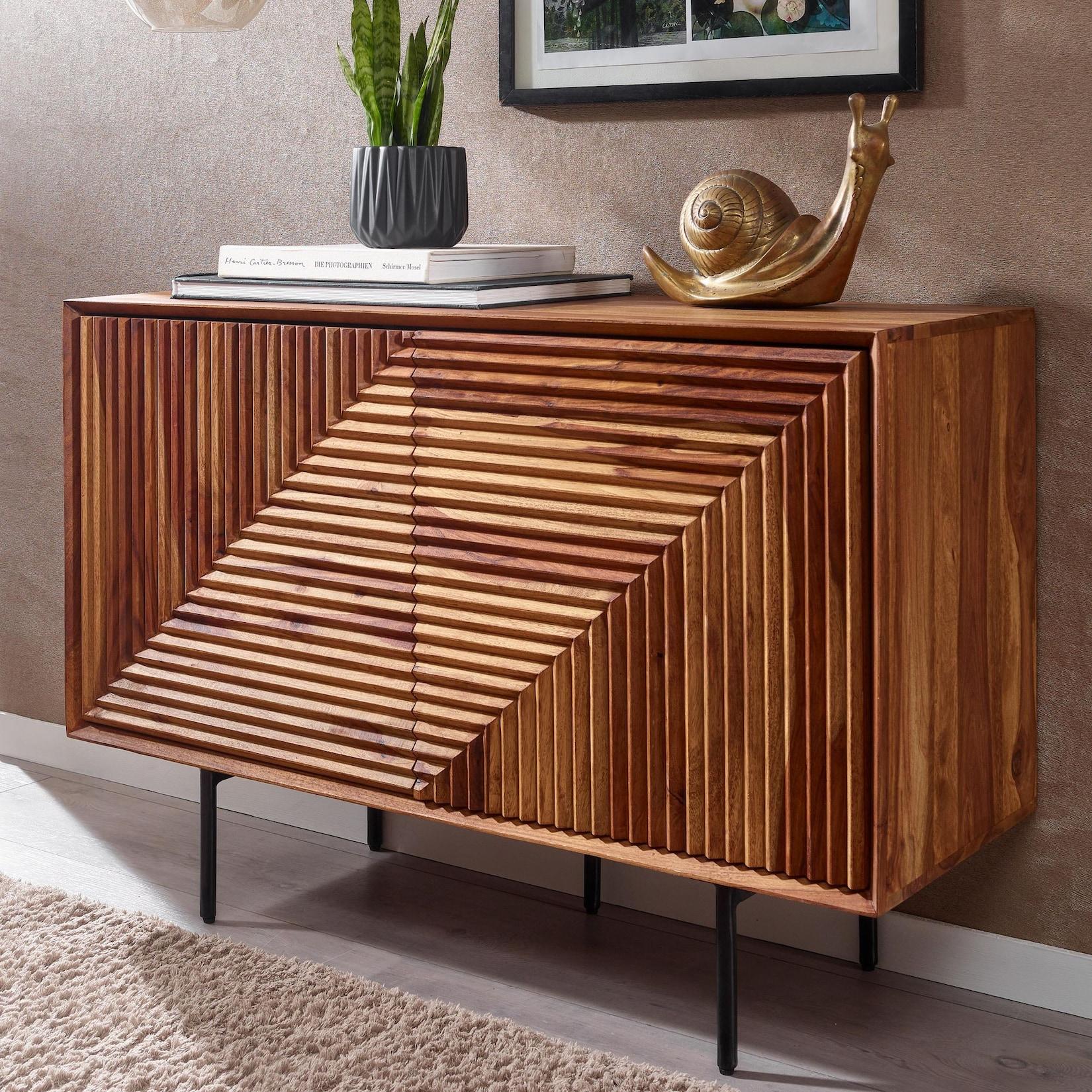 Massivholz Design Sideboard 100cm Sheesham Kommode mit 2 Türen Retro Design Metall schwarz