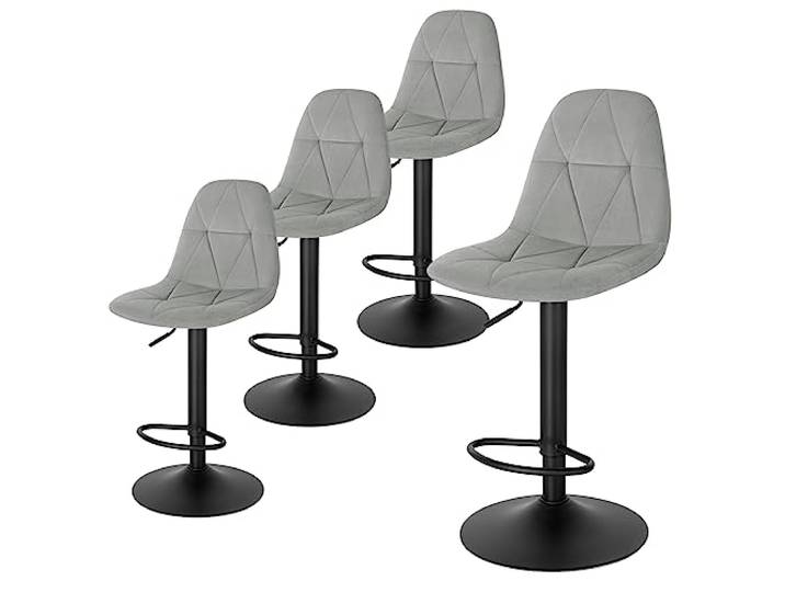 Lestarain Barhocker 4er Set, Tresenhocker, Bistrohocker, Design-Hocker mit Rückenlehne, höhenverstellbar, 360°Drehhocker, Barstuhl mit Samtbezug, aus Metall, Sitzhöhe 60-81 cm, hellgrau
