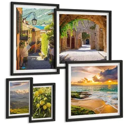 BILDER SET 5er Set - 50x50 cm & 20x30 cm & 40x60 cm Schwarzer Rahmen - Malerische Straßen am Meer, Strand