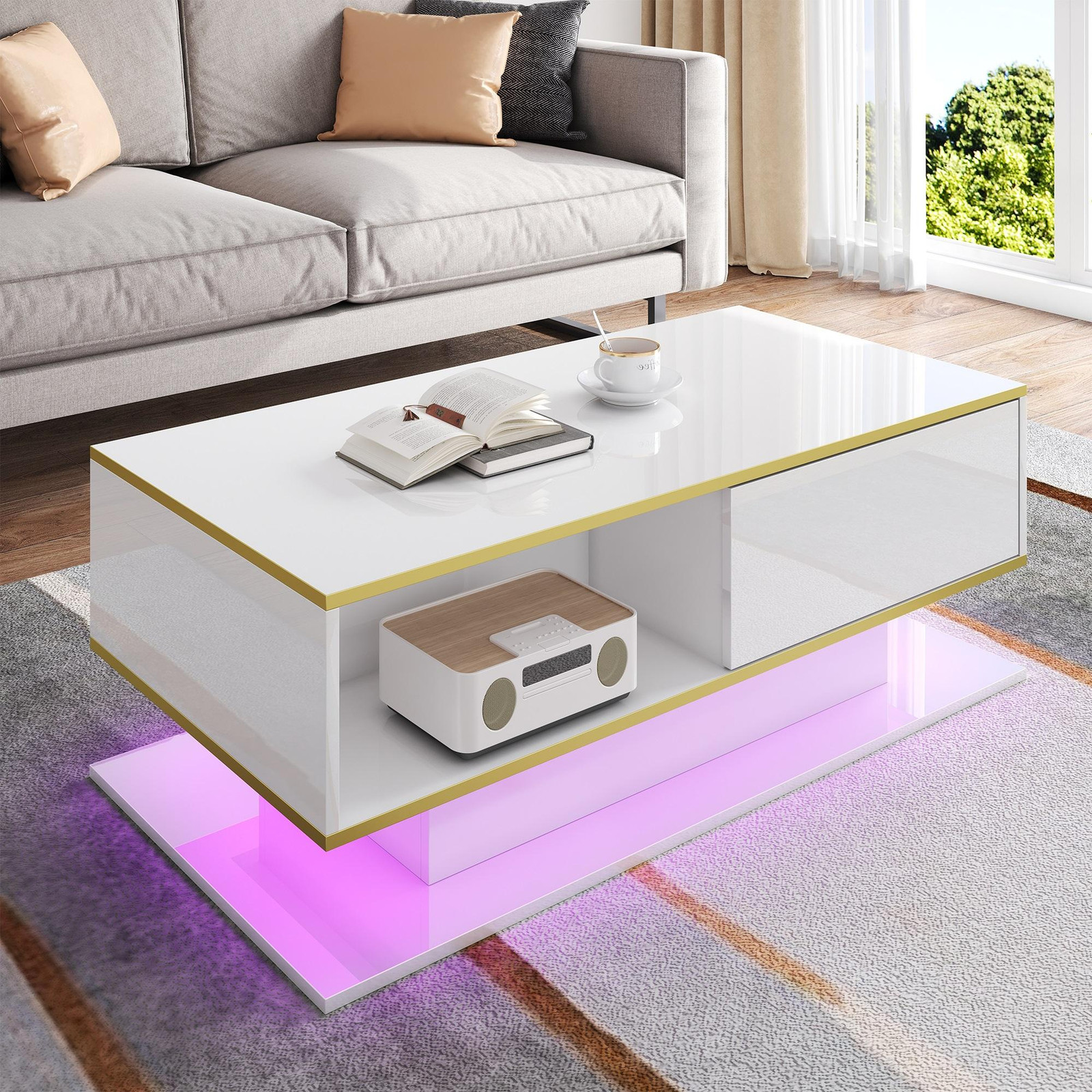 OKWISH Moderne Conferentietafel met LED-verlichting en Hoogglansafwerking, Wit