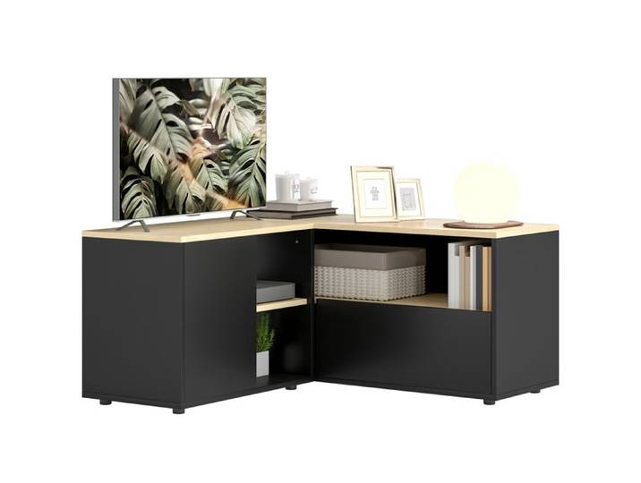 Meuble TV d'Angle - Banc TV 2 Placards 3 Niches - TV 40 Pouces - 90 x 90 x 45 cm - Noir et Chêne