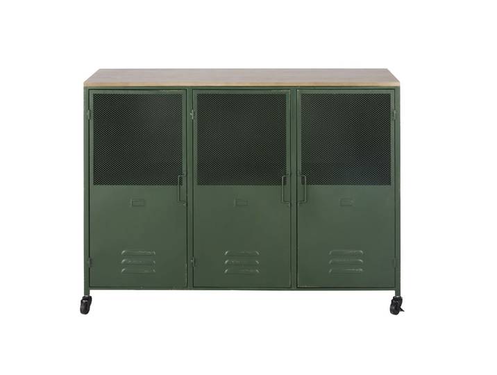 Sideboard im Industriestil mit 3 Türen aus Tannenholz und grünem Stahl mit Rollen