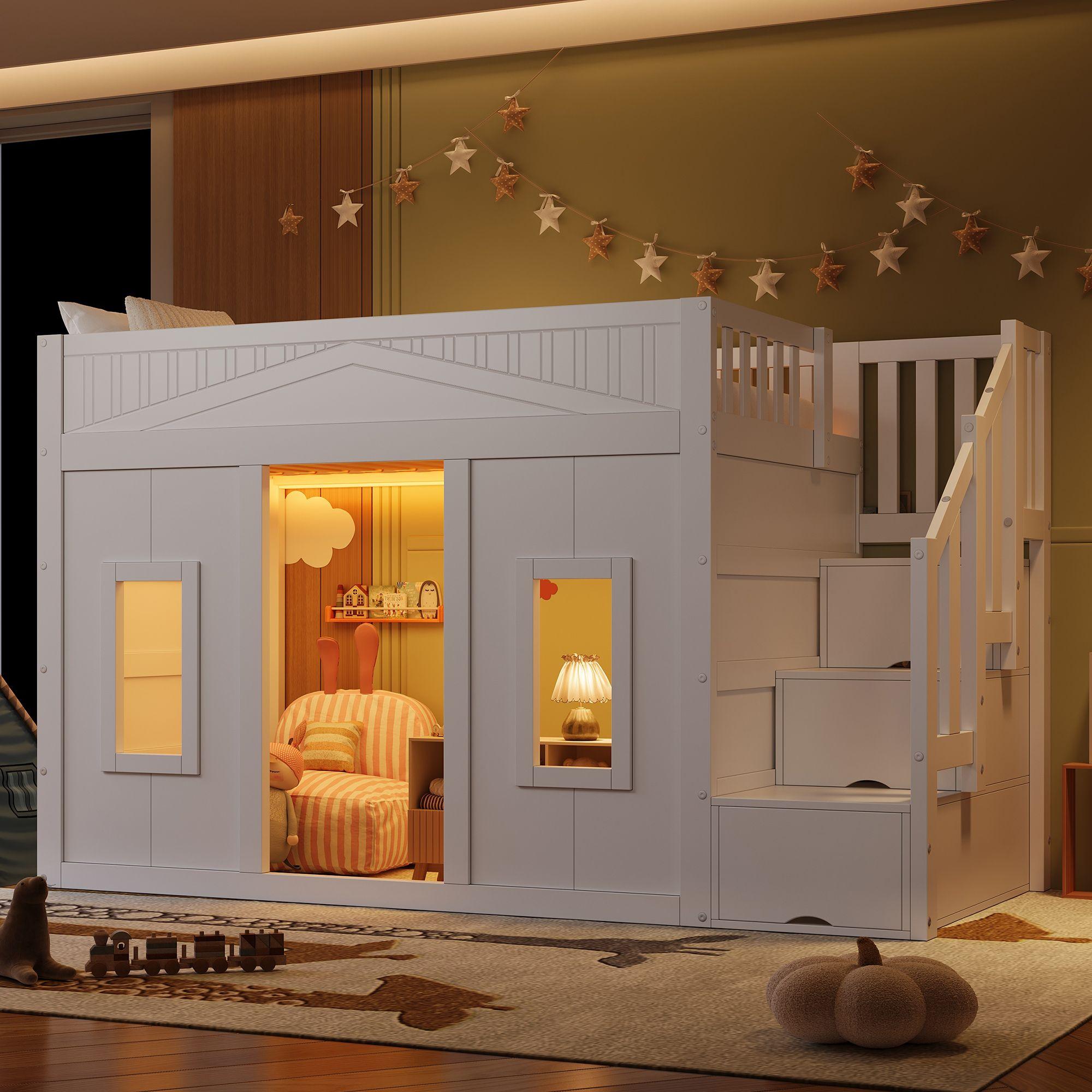 Merax Hochbett 90x200 cm, Kinderbett mit Stauraumtreppe, Fenster, LED-Beleuchtung, Schutzgitter, Etagenbett Stockbett, Weiß