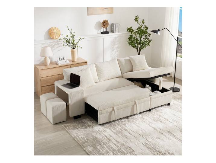 Merax Ecksofa L-förmiges Sofa Schlafsofa mit Schlaffunktion, umbaubares Ecksofa mit Ladeanschluss Stauraum Bücherregal Kissen