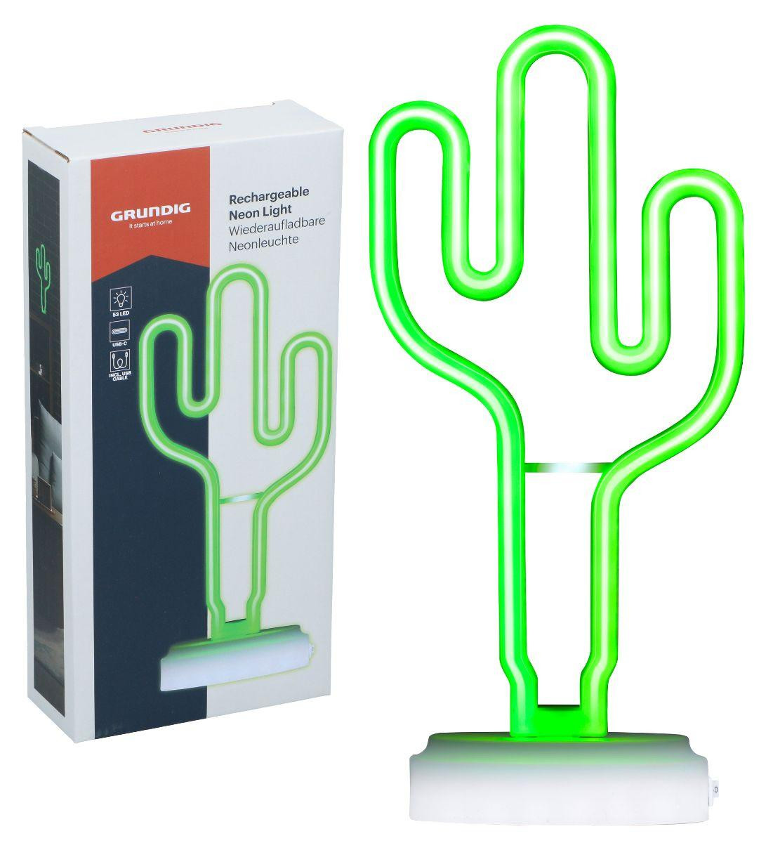 Grundig Tafellamp Oplaadbaar Neon Cactus met 53 LED Lampen - Groene Draadloze Sfeerlamp met USB-C