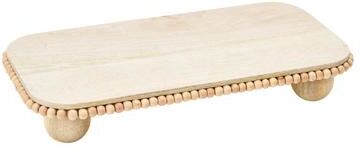 Storied Home Mango Wood Pedestal with Wood Beads; Modern Footed Serving Tray / Decorative Wood Pedestal for Dessert Table, Natural Colored