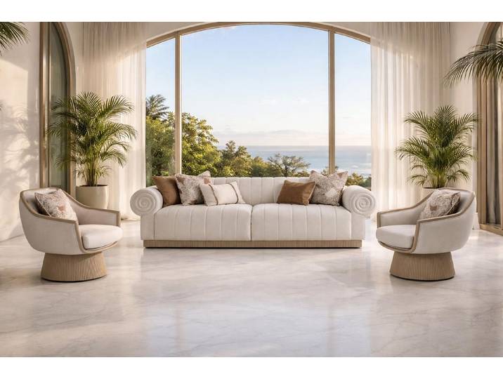 Xlmoebel Polstergarnitur Beige Polstergarnitur: Modernes 3-Sitzer-Sofa mit Sesseln, (Polstergarnitur, 3-tlg., 3-Sitzer mit 2 Sesseln), Made in Europa