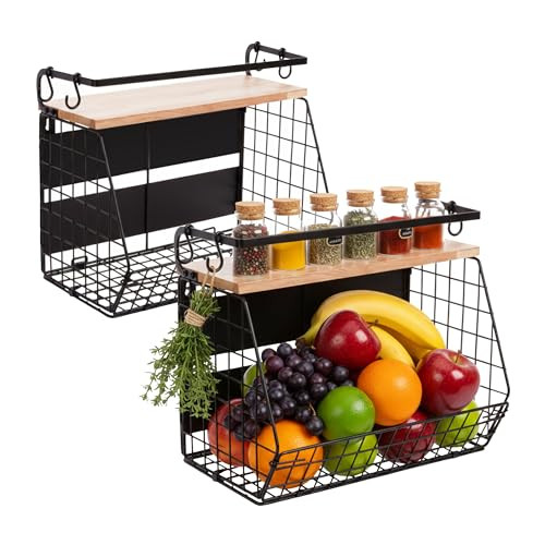 Relaxdays Hangende Fruitmand Set van 2, Metaal en Hout, Zwart-Bruin