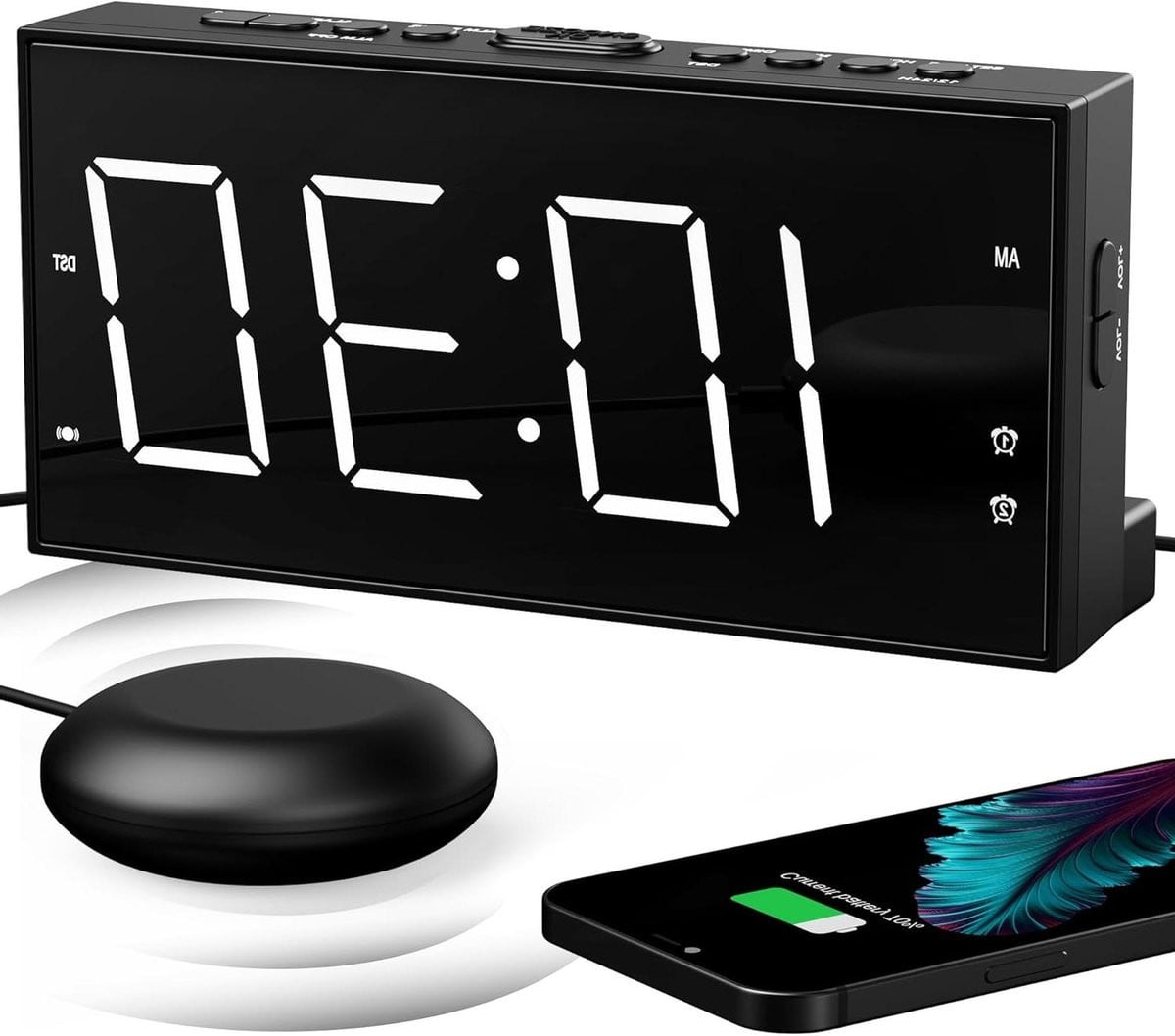 Digitale Wekker met Luide Trilfunctie en Groot Display - Wit