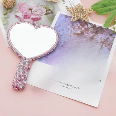 Inspire Daily Merch Love Heart Diamond Handheld Makeup Mirror Cosmetic Vanity Tool For Girls pink
