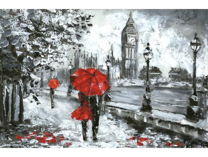 Leinwandbild QUEENCE London , rot (farbe bild(er): rot), B:90cm H:60cm T:2cm, Canvas, Holzrahmen, Bilder, Leinwandbild, Wandeko, Big Ben, gezeichnet, Premium Leinwandstoff