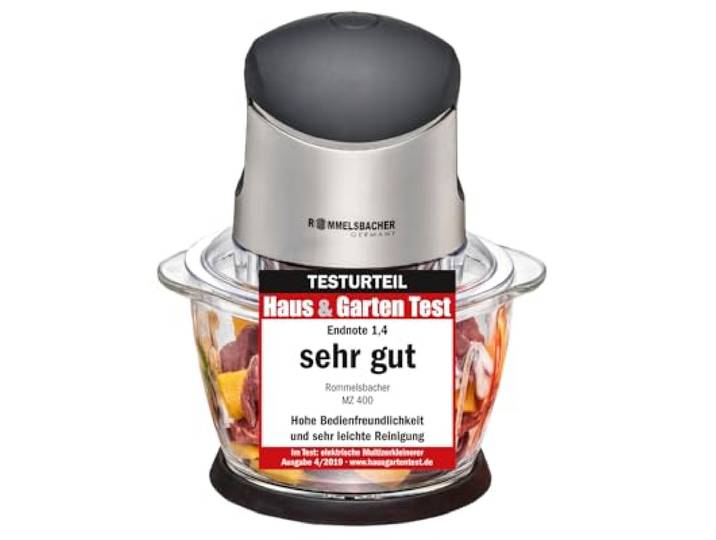 ROMMELSBACHER Multi Zerkleinerer MZ 400 – kraftvoller Motor, 4-flügeliges Spezialmesser aus Edelstahl, 1 Liter Glasbehälter, schwarz/Chrom gebürstet, 400 Watt