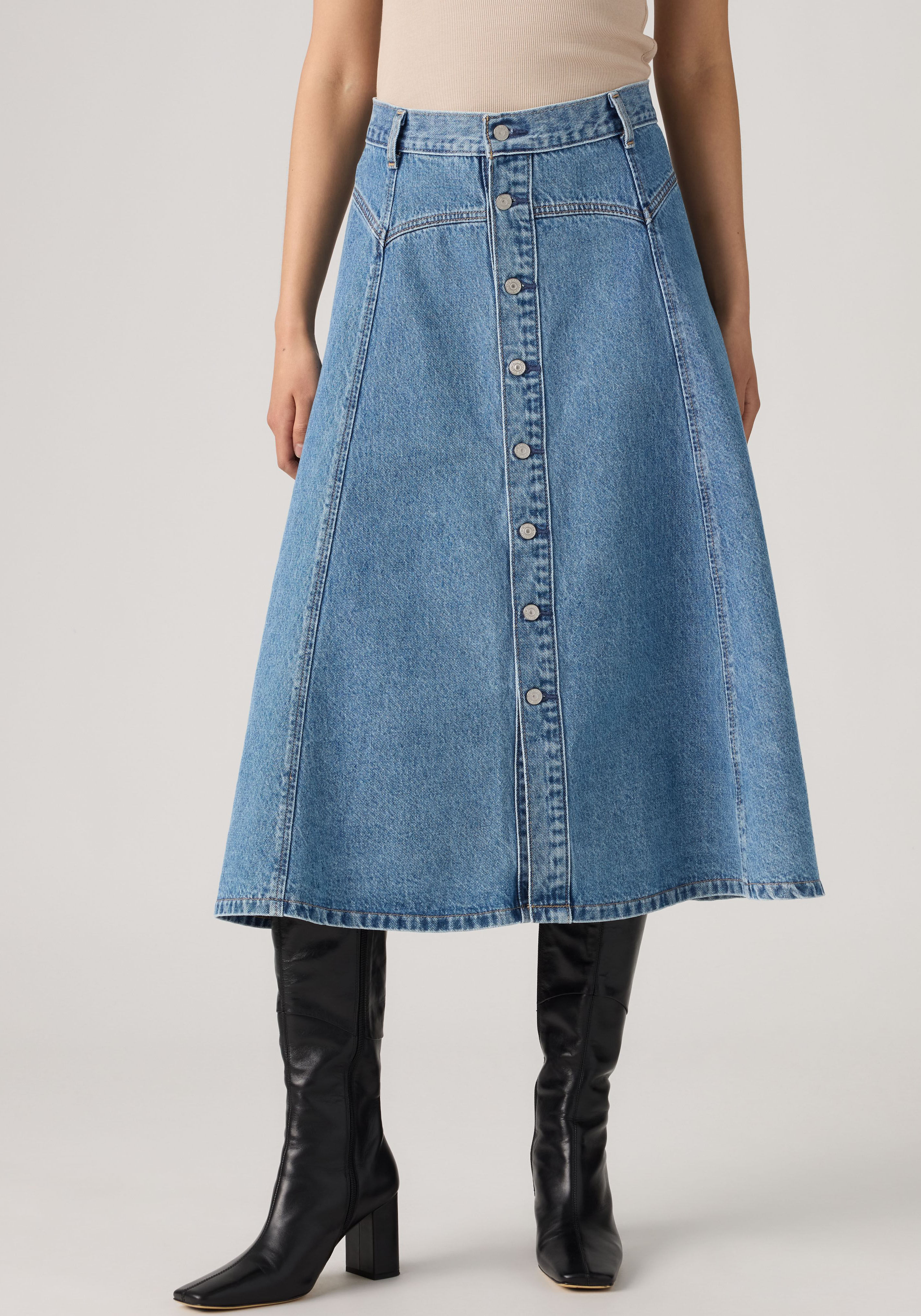 Jeansrock LEVI'S "YOKED WESTERN SKIRT", Damen, Gr. 26, blau (inner adventurer stone), Web, Obermaterial: 100% Baumwolle, normal kniebedeckend, Röcke Jeansrock inner adventurer stone 26