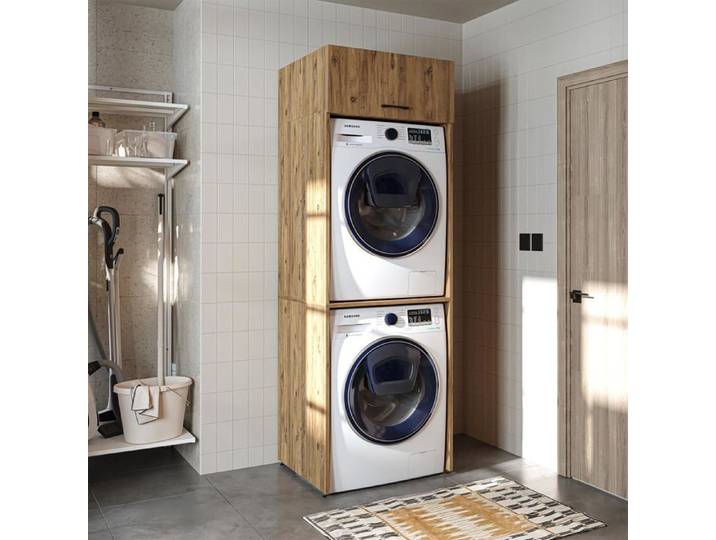 Meuble pour lave-linge et sèche-linge - ROOMART - Colonne lave-linge/sèche-linge - Chêne - Mélamine E1 - 176x65x67 cm