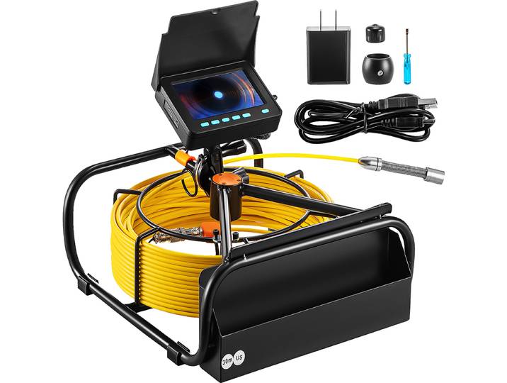 Caméra d'égout VEVOR\, caméra d'inspection des tuyaux 30 m 4\,3 pouces\, carte 16 Go\, zoom 3x et batterie 8500 mAh IP68 étanche Caméra d'assainissement des égouts