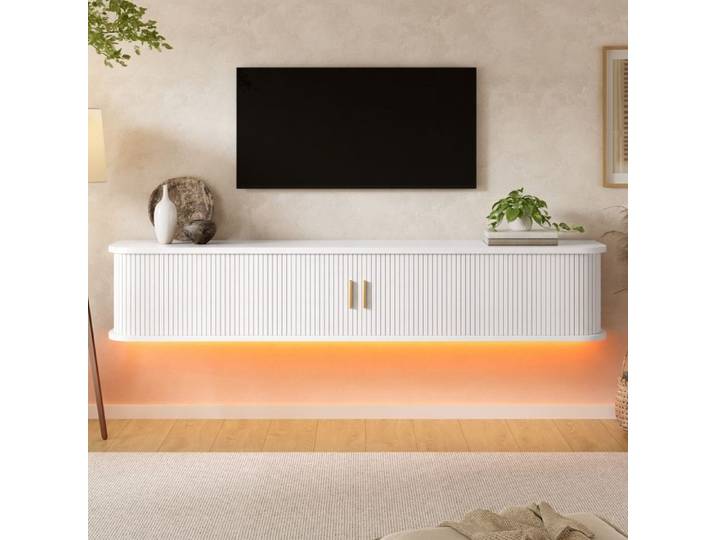 Meuble TV Suspendu 175cm avec LED Blanc Meuble Salon Moderne 2 Portes Coulissantes Verticales Tiroir étagères 175x30x30cm
